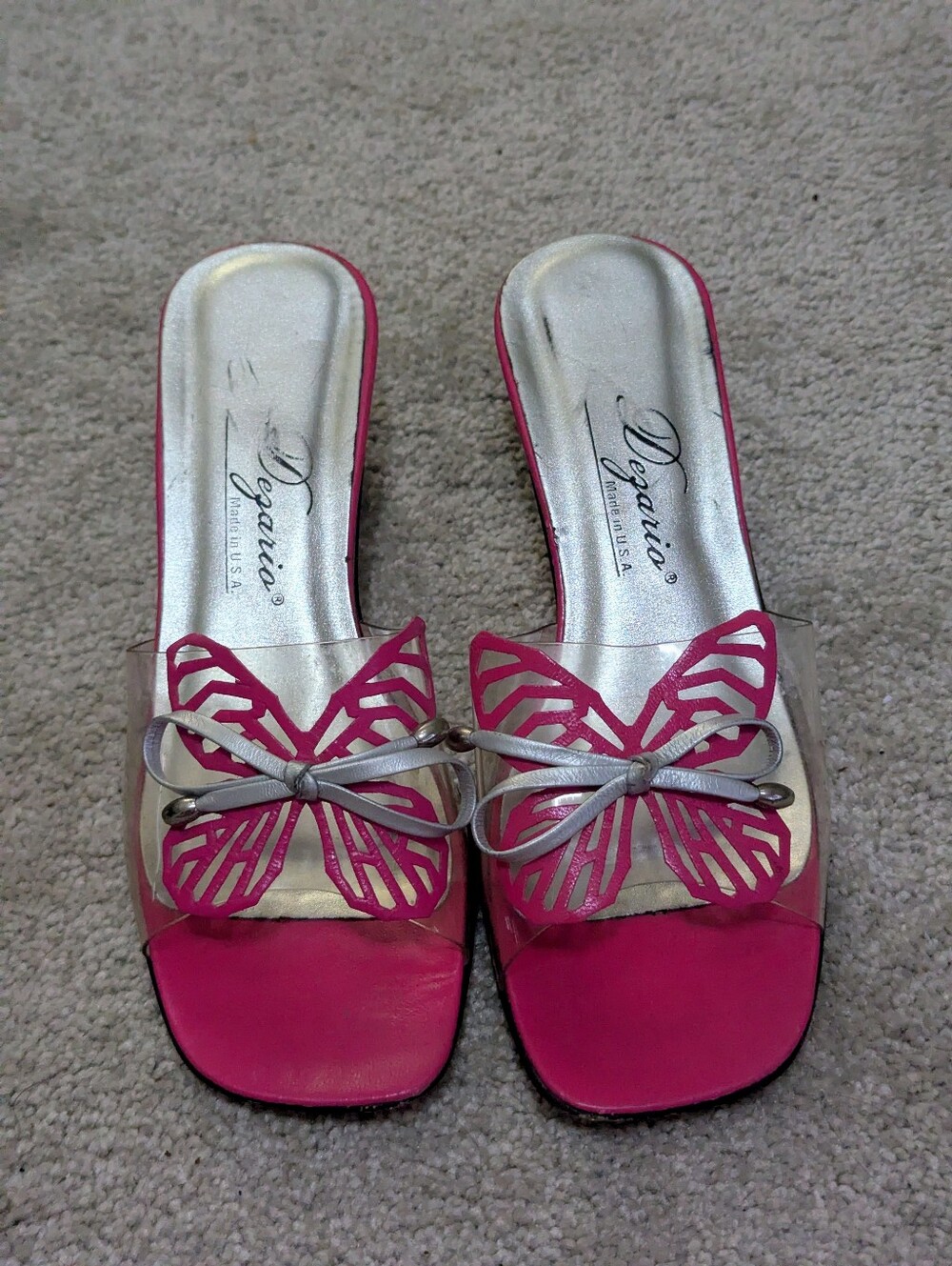 Vintage Dezario Y2K Butterfly Sandals Pink Clear Lucite Kitten Heel Mules 6